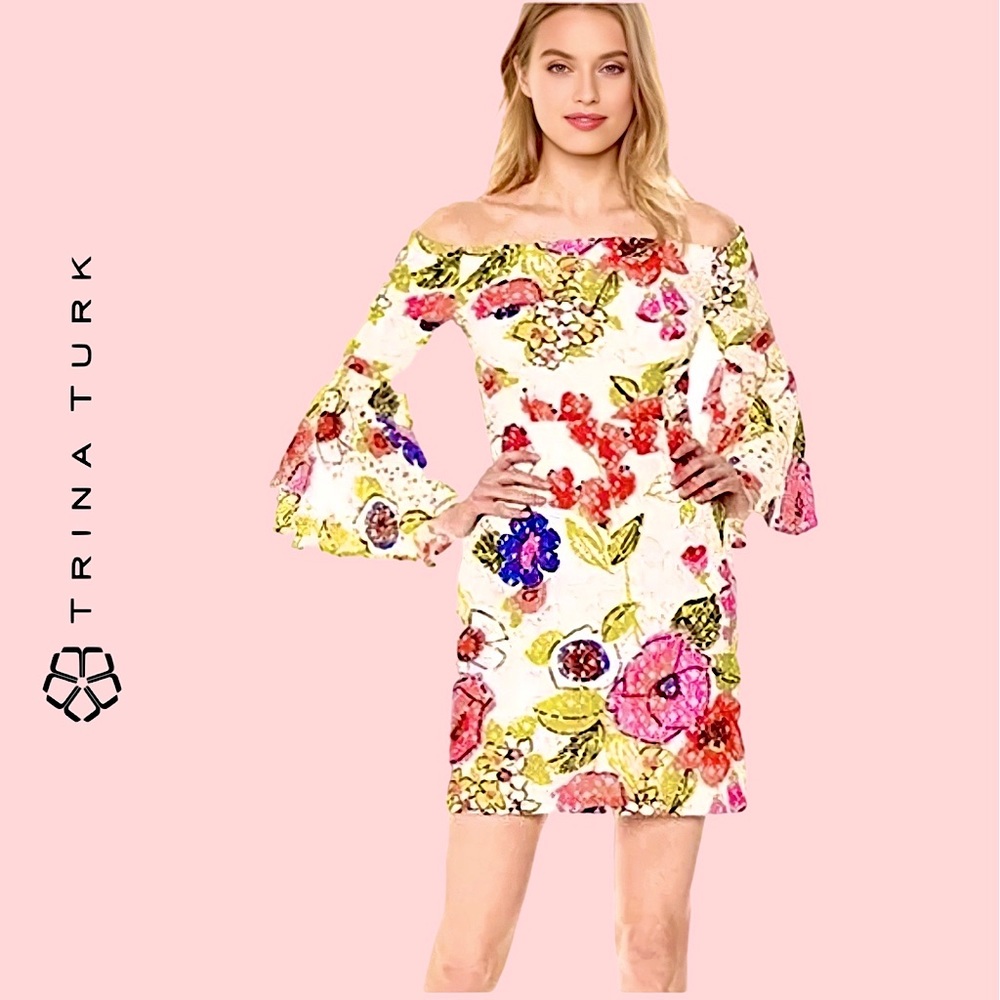 🆕 Trina Turk NWOT Floral Lace Off the Shoulder Sheath Cocktail Midi Party Sz 2